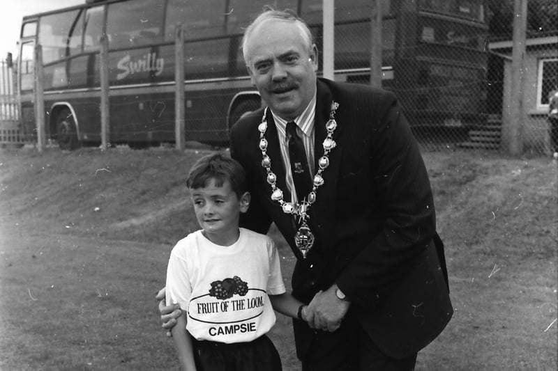 The Mayor of Derry, David Davis, with the match mascot.