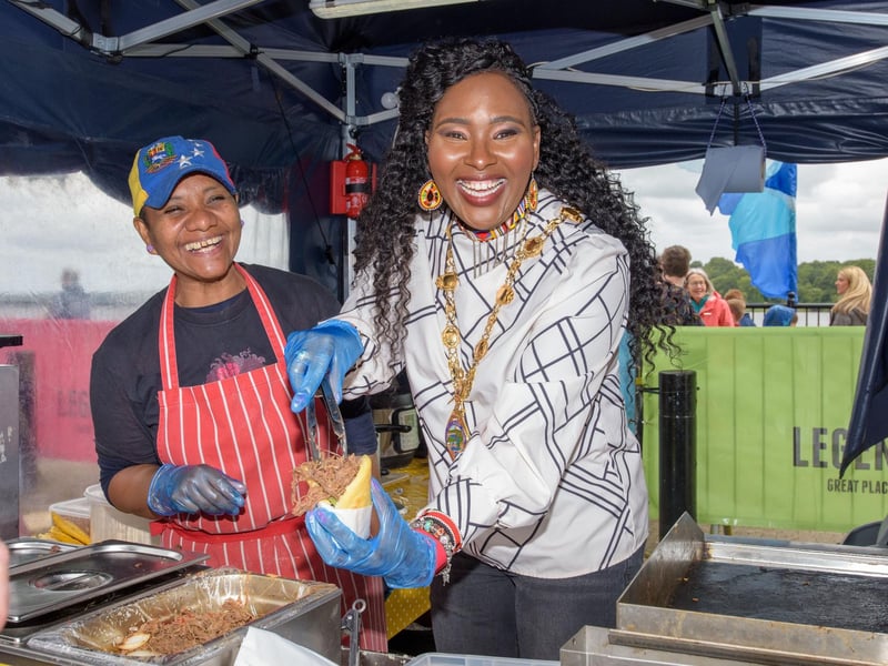 The Mayor Councillor Lilian Seenoi-Barr visited Derry City and Strabane District Council’s Maritime Festival where she met members of they public, served some Street Food and encountered some nautical characters as the weekend long festival got into full swing at the beginning of the summer holidays. Helping Juana Farfan on her Latin American Street Food stall. Picture Martin McKeown. 28.06.24