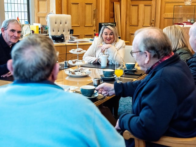 The Mayor Councillor Sandra Duffy welcomed members of Leafair Mens Health Group to the Guildhall this week for a catch up and to hear about the contribution the group makes to their lives. Included are, Derek Evans, Paul Redden, Eddie Coyle, John Bradley and Chantelle McCallion, co-ordinator. Picture Martin McKeown. 04.04.23