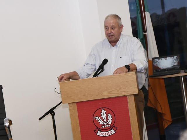 John Keenan, Derry GAA Chairman address the reunion of the back-to-back Ulster champions at Owenbeg on Friday.