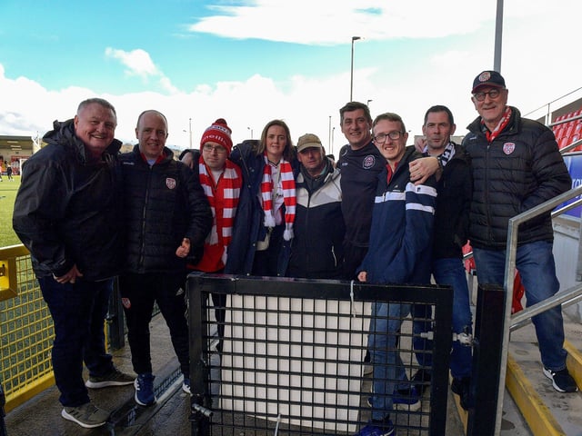 Former Candystripes manager Declan Devine catches up with some friends ahead of the Derry City v Bohemian game on Monday evening. Photo: George Sweeney. DER2315GS – 94