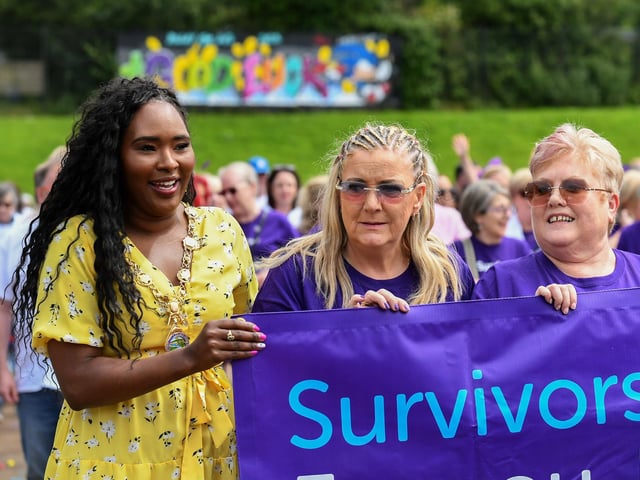 Mayor Lilian Seenoi Barr took part in an inspiring Lap of Honour, with almost one hundred cancer survivors, around St Columb’s running track, prior to the Legenderry Relay for Life event on Saturday  Photo: George Sweeney.