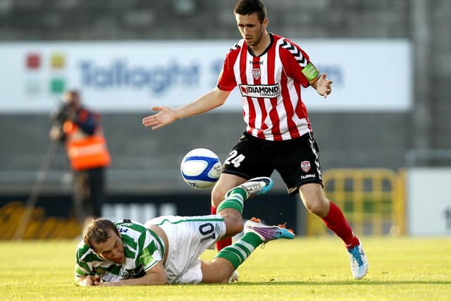 Shamrock Rovers' Karl Sheppard and Danny Lafferty of Derry City back in 2011.
