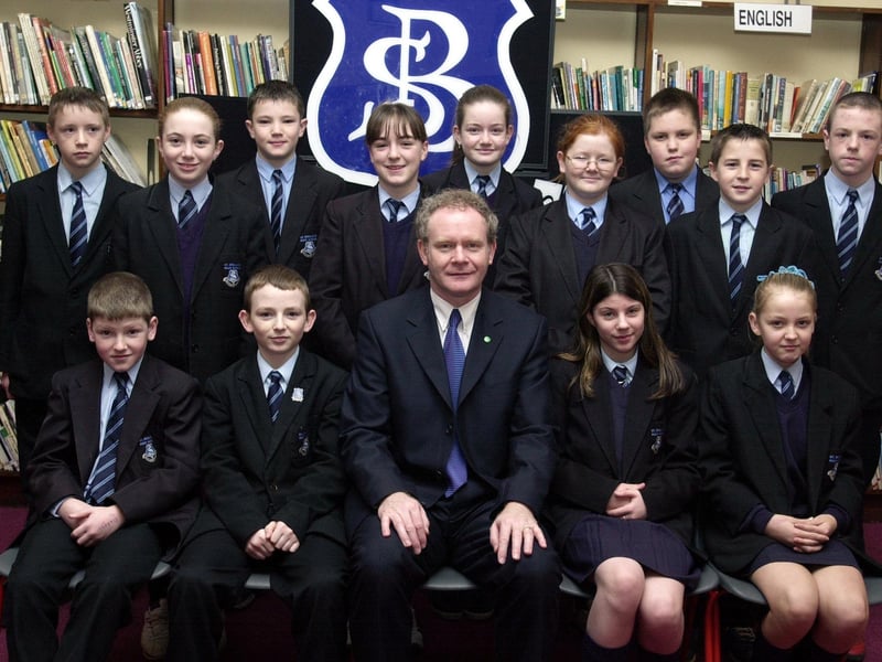 Education Minister, Mr. Martin McGuinness, pictured with Year 9 prizewinners. Front, from left, are Gavin Sweeney, Chris Harrison, Tara McGinley and Natalie McMonagle. Back, from left, are Aaron Sharkey, Laura Kyle, Kevin Gallagher, Louise Hutton, Deborah Callaghan, Caroline Harrigan, Stephen Crumley, Brian Smith and Kieran Harkin. (1/12/CD16) : Pictured are students, staff and invited guests at the annual school prize-giving at St Brecan's High School, Top of the Hill back in the year 2000.