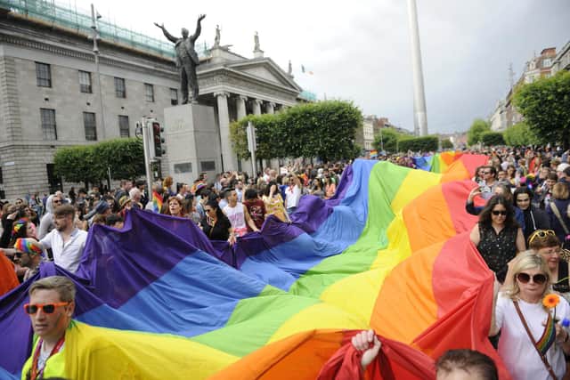 People take part in the annual Gay Pride Parade on June 27, 2015 in Dublin, Ireland.