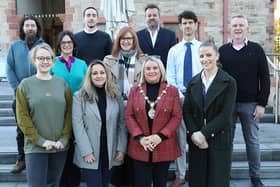 Mayor Sandra Duffy with from left, Rhian Thomas and Ariana Ntziadima, The National Lottery Community fund, Climate action fund team and members of the Acorn Farm Partnership on a visit to the Guildhall. Also included right is Cllr. John McGowan. (Photo - Tom Heaney, nwpresspics)