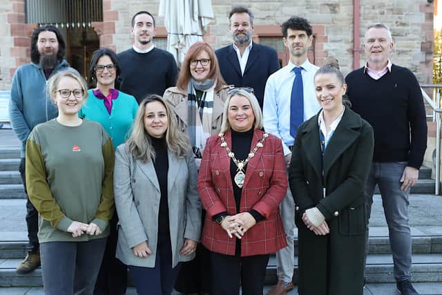 Mayor Sandra Duffy with from left, Rhian Thomas and Ariana Ntziadima, The National Lottery Community fund, Climate action fund team and members of the Acorn Farm Partnership on a visit to the Guildhall. Also included right is Cllr. John McGowan. (Photo - Tom Heaney, nwpresspics)