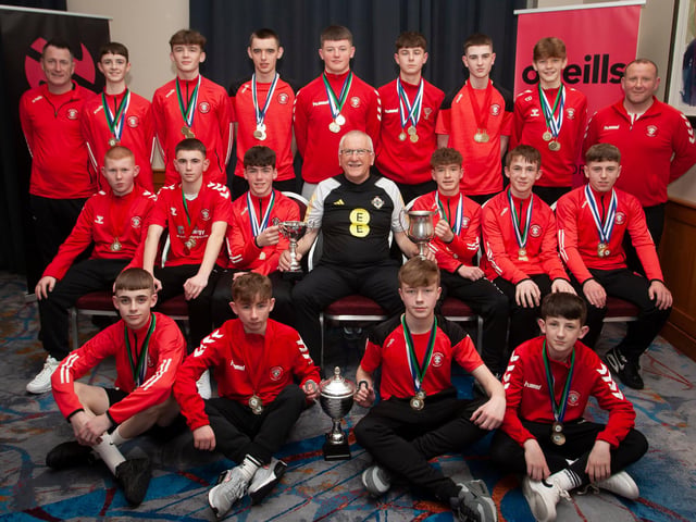 Joe Doherty, IFA Senior Coach, presenting the 2008 League Trophy, Summer Cup and Winter Cup to Tristar FC, at the Annual Awards in the City Hotel on Friday night last. Included are coaches Paddy Morrison and Noel Coyle. (Photos: Jim McCafferty)