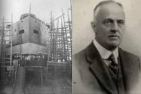 Launch of 'SS New York News' 1922, the last Derry-built ship. Right:  Trevisa Clarke, Managing Director, North of Ireland Shipbuilding Co.