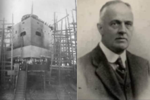 Launch of 'SS New York News' 1922, the last Derry-built ship. Right: Trevisa Clarke, Managing Director, North of Ireland Shipbuilding Co.