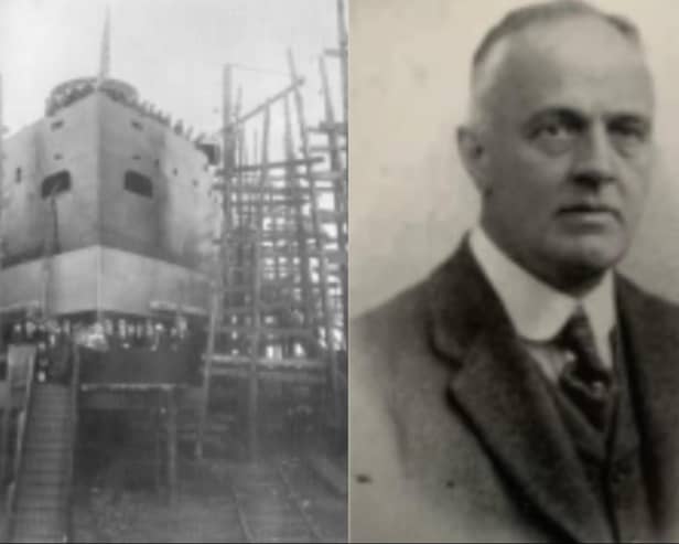 Launch of 'SS New York News' 1922, the last Derry-built ship. Right:  Trevisa Clarke, Managing Director, North of Ireland Shipbuilding Co.