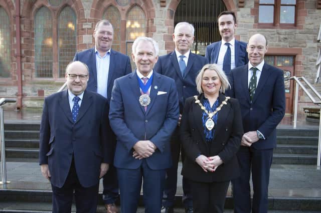 LORD MAYOR’S VISIT. . . .The Lord Mayor of London, Nicholas Lyons pictured at the city’s Guildhall on Friday afternoon during a courtesy visit to the city and Guildhall. He was welcomed by the Mayor, Sandra Duffy. Included at front left is Chris Hayward, Policy chairman, City of London. Back left to right, Stephen Gillespie, Director of Business and Culture, Derry City and Strabane District Council, John Kelpie, Chief Executive, Derry City and Strabane District Council, Andrew McGowan, Head of UK Regions, City of London Corporation, and Edward Montgomery, The Honourable The Irish Society. (Photos: Jim McCafferty Photography)