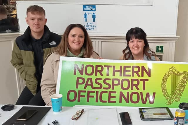 Pádraig Delargy MLA, Derry City & Strabane District Councillors for The Moor Aisling Hutton and Emma McGinley in Ráth Mór shopping centre