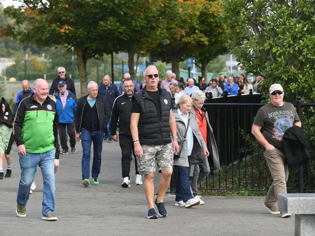 Participants who took part in Sunday’s Chieftain’s Walk from Bay Road to Foyle Road. Photo: George Sweeney