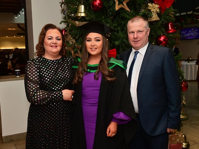 Pacemaker Press 13/12/22
From L-R Clodagh Curran with her family Leona and Gareth ,Who graduated in Nursing at the Ulster University graduation in the Millennium Forum in Derry on Tuesday.
Pic Pacemaker:.