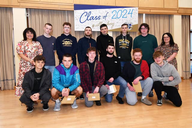 Caroline McLaughlin, right, Principal, and Noleen Barr, Head of Year, pictured with some of the high achievers at St. Columb's College on Thursday morning.