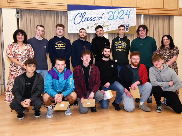 Caroline McLaughlin, right, Principal, and Noleen Barr, Head of Year, pictured with some of the high achievers at St. Columb's College on Thursday morning.