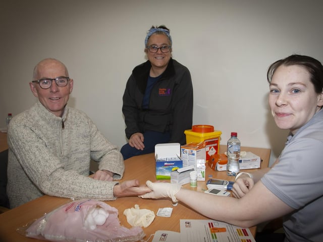 Michael McGrory attending the Men’s Health Day Checks pictured with OLT staff members Sharon Allen and Kathleen McNaught on Saturday.