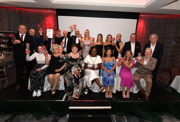 Mayor Lilian Seenoi Barr pictured with winners of the 2024 Derry Journal BetMcLean People Awards. Photo: George Sweeney