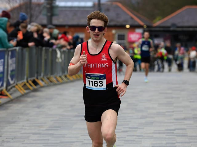 City of Derry Spartans AC Conal McGinley heading for the finish line to come in runner-up in the Bentley Group Walled City 10 Mile race, Ebrington Square. (Photo - Tom Heaney, nwpresspics)