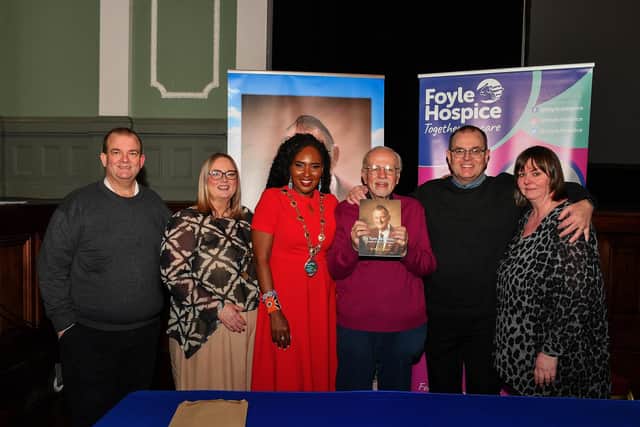 Dr. Keith Munro pictured at the launch of his book on the life of Dr Tom McGinley, Foyle Hospice founder and palliative care pioneer, at St Columb’s Hall on Wednesday evening. Included in the photo are Mayor Lilian Seenoi Barr and Dr McGinley’s children Ronan, Aisling, Ciarán and Sineád. Photo: George Sweeney