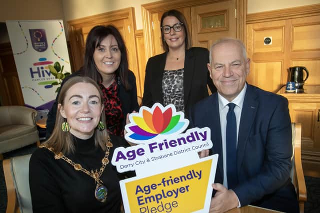 The Mayor of Derry City and Strabane District Council, Grace Ui Niallais pictured at the launch of the DCSDC Age-Friendly Employer Pledge at the Guildhall on Tuesday morning. Included are John Kelpie, Chief Executive Officer, DCSDC, Brenda Bradley, Human Resources Officer, DCSDC and Pauline O'Neill, Age Friendly Co-Ordinator, DCSDC. The Strategy and Action Plan strives to ensure that partners work together to address the key actions to enable citizens and an ageing population continue to live an active and fulfilling life. (Photos: Jim McCafferty Photography)