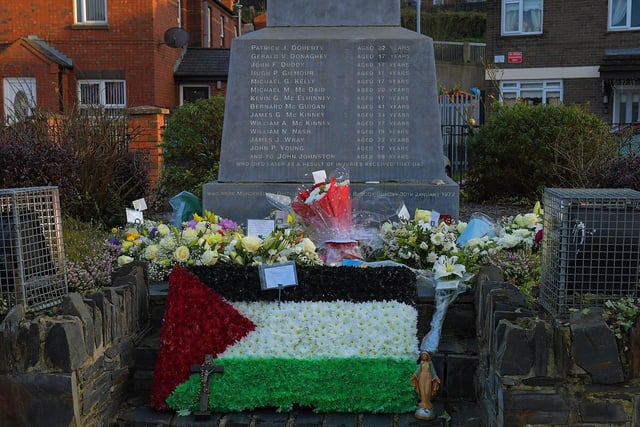 A wreath in the shape and colours of the Palestinian flag placed at the Bloody Sunday monument in Joseph’s Place on Tuesday afternoon where one minute's silence was observed on the 52nd anniversary of the Bloody Sunday massacre. Photo: George Sweeney