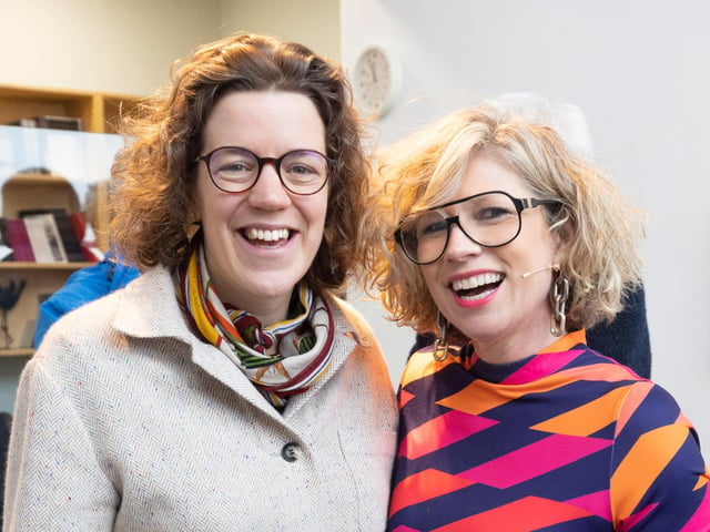 Designer Sonya Lennon (R) and Rosy Temple, CEO of Magee, at the official launch of the Yarns seminar in the Regional Cultural Centre in Letterkenny.Picture By Joe Dunne 19/11/22:.