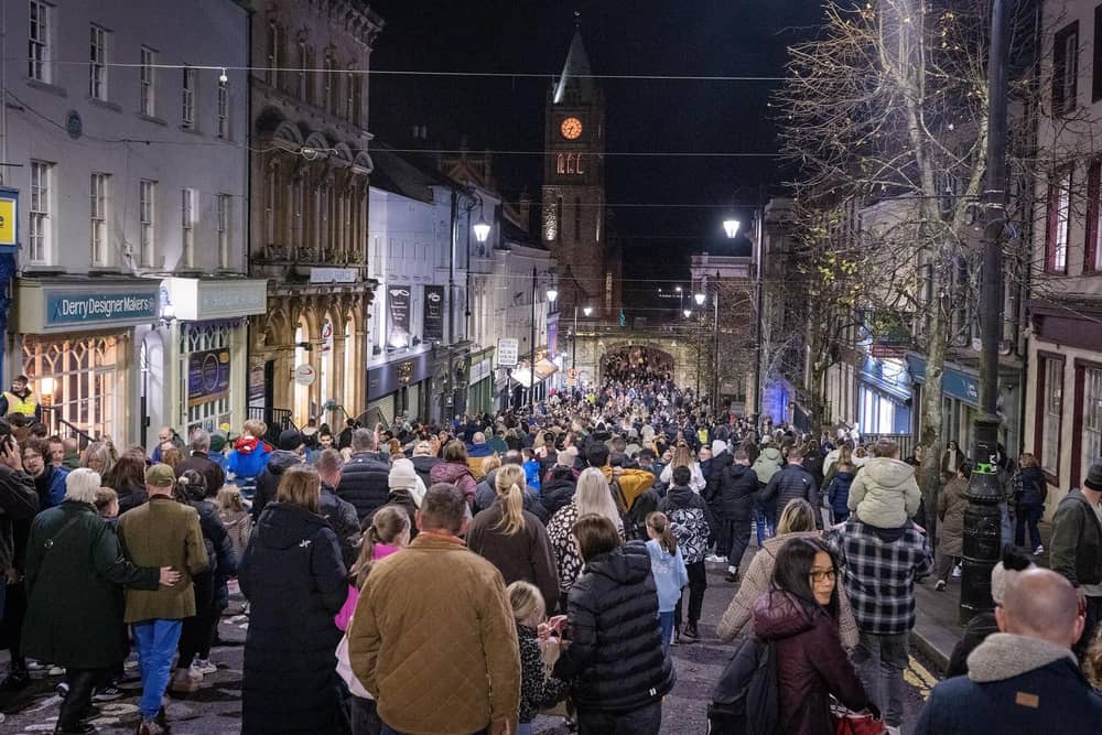 Crowds on Shipquay Street for Derry Halloween.