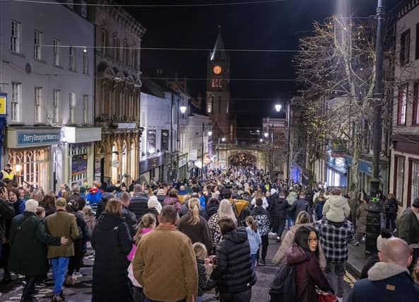 Crowds on Shipquay Street for Derry Halloween.