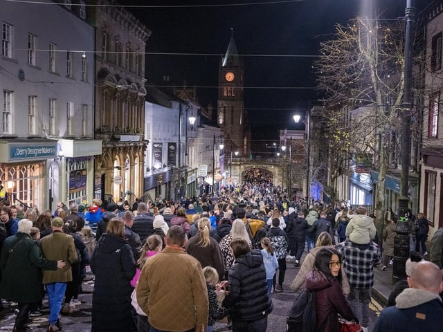 Crowds on Shipquay Street for Derry Halloween.