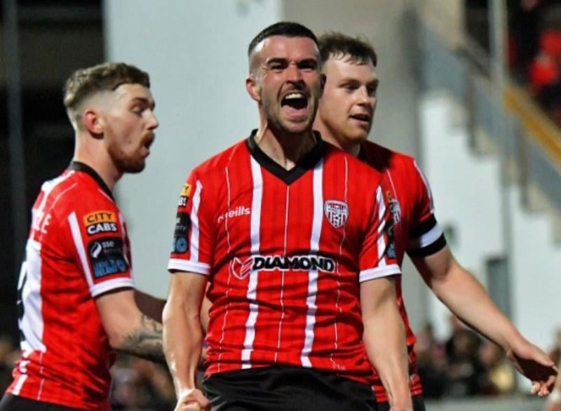 Derry City FC Home Shirt 2023. (Jamie McGonigle, Michael Duffy and Cameron McJannett). O'Neill's.