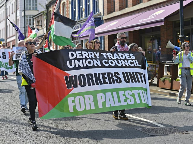 Supporters take part in a Freedom for Palestine march and rally on Saturday afternoon. Photo: George Sweeney