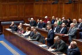 Members of the DUP listen to Ulster Unionist Party MLA Robbie Butler at the recall of the Stormont Assembly on Wednesday.