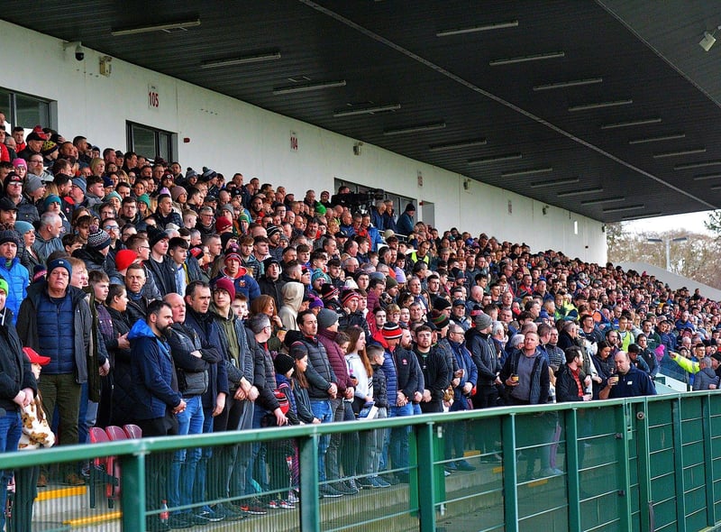 A section of the 3,847 attendance at the Derry v Limerick Division Two opener at Owenbeg on Saturday afternoon. Photo: George Sweeney. DER2305GS – 154