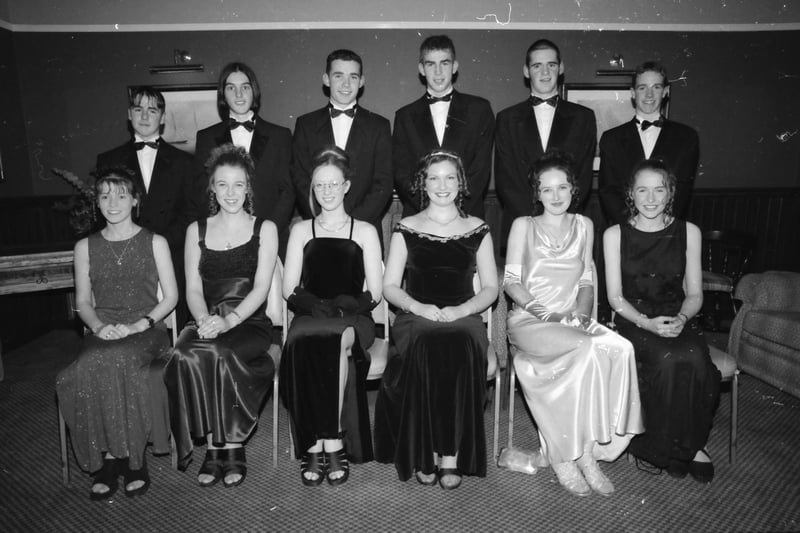 Seated, from left, Julie McElhinney, Joanne Colhoun, Joanne McConnellogue, Marie-Therese Doherty, Rosemary Doherty and Ann McGonagle. Standing, from left, Michael McDonald, Roger Porteous, Patrick Devenport, Philip O'Donnell, Cathal Boyle and Evan Farren. Pictured at the Carndonagh Community School formal in January 1998.