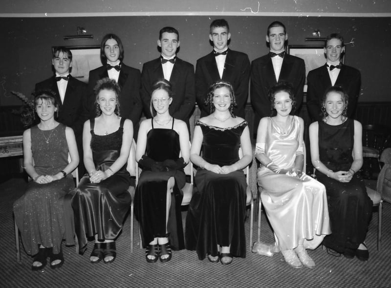 Seated, from left, Julie McElhinney, Joanne Colhoun, Joanne McConnellogue, Marie-Therese Doherty, Rosemary Doherty and Ann McGonagle. Standing, from left, Michael McDonald, Roger Porteous, Patrick Devenport, Philip O'Donnell, Cathal Boyle and Evan Farren. Pictured at the Carndonagh Community School formal in January 1998.