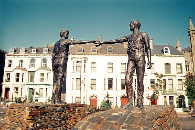 The Hands Across the Divide statues at the end of Craigavon Bridge. (Picture Hugh Gallagher)