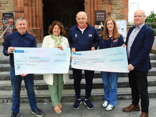 Former Mayor Cllr. Patricia Logue handing over cheque for £27,614.47 to Shaneen McBride and Andrew Cassidy (The Ryan McBride Foundation. (Photo - Tom Heaney, nwpresspics)