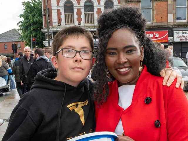 Lewis Green with Derry City and Strabane District Council Mayor, Councillor Lilian Seenoi-Barr as she hosted Supercar Saturday in Guildhall Square to raise money for the Mayoral Charity Bud Club. The event attracted car enthusiasts and owners from across the region to support aid the local charity. Picture Martin McKeown. 24.05.25