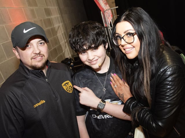 One of the young cast, Michael Doherty pictured with his proud parents backstage. (Photo: Jim McCafferty)