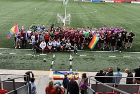 The teams who took part in the Foyle Pride Football v Homophobia soccer competition held in Brandywell Stadium. Photo: George Sweeney