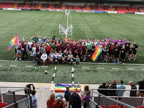 The teams who took part in the Foyle Pride Football v Homophobia soccer competition held in Brandywell Stadium. Photo: George Sweeney
