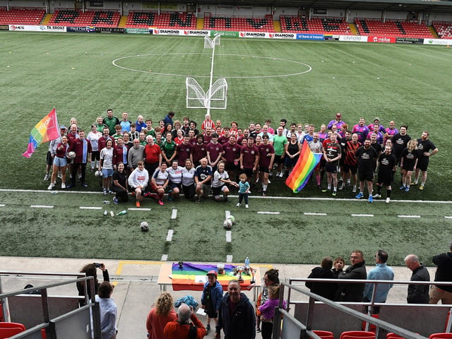 The teams who took part in the Foyle Pride Football v Homophobia soccer competition held in Brandywell Stadium. Photo: George Sweeney
