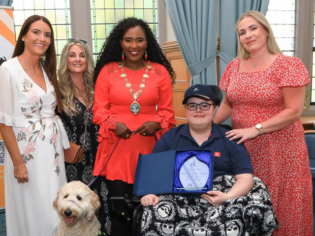 Mayor of Derry City and Strabane District Council, Councillor Lilian Barr, pictured at a reception for Knockavoe School, with from left, Ann-Marie McShane, "Families First NI Education Award Best Support Staff 2024", Ciara McLaughlin, Lewis Harper and Sharon Cassidy, principal. (Photo - Tom Heaney, nwpresspics)