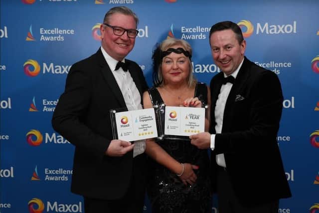 Licensees Alan and Val Rodden are presented with the Store of the Year Award and the Excellence in Community Engagement Award by Maxol CEO Brian Donaldson.