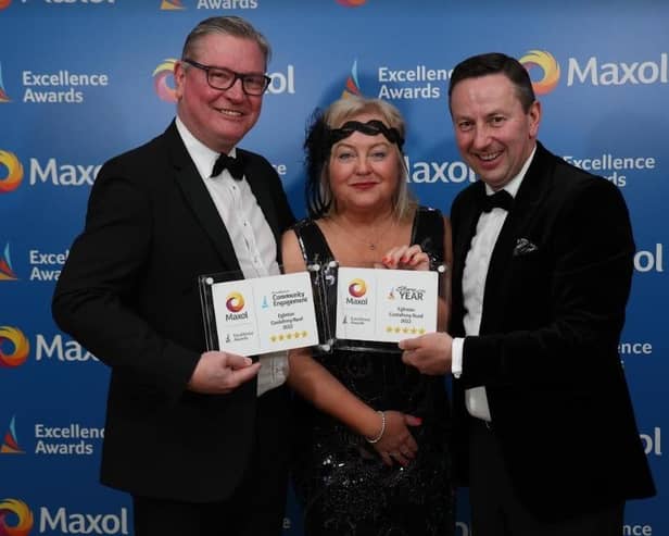 Licensees Alan and Val Rodden are presented with the Store of the Year Award and the Excellence in Community Engagement Award by Maxol CEO Brian Donaldson.
