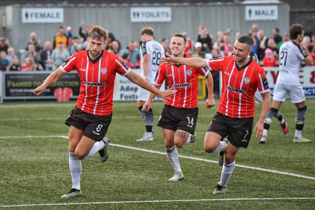 Will Patching celebrates scoring Derry City's winning goal against Sligo Rovers. Photo: George Sweeney