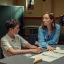 Adolescence. (L to R) Owen Cooper as Jamie Miller, Erin Doherty as Briony Ariston, on the set of Adolescence. Cr. Courtesy of Ben Blackall/Netflix © 2024