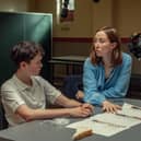 Adolescence. (L to R) Owen Cooper as Jamie Miller, Erin Doherty as Briony Ariston, on the set of Adolescence. Cr. Courtesy of Ben Blackall/Netflix © 2024